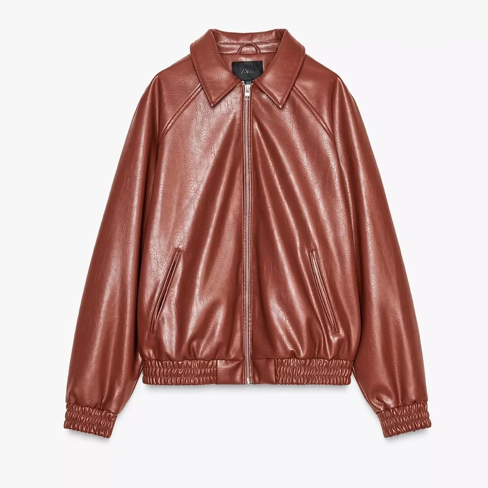 Zara Women's Brown Faux‎ Leather Bomber Jacket Size Small